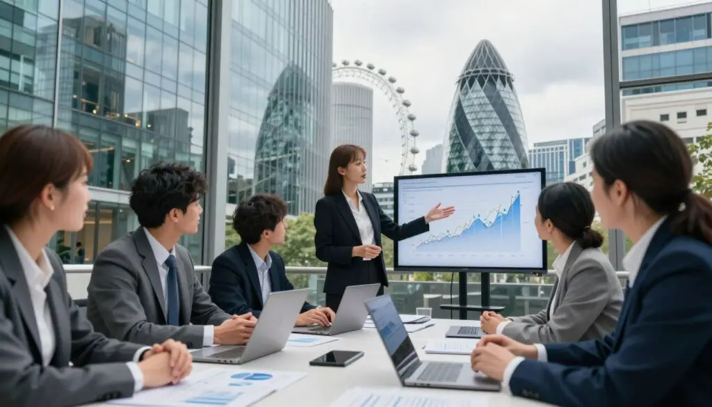 A bustling urban scene in the United Kingdom, depicting a diverse group of professional businesspeople in smart attire engaged in dynamic discussions around a large table filled with financial documents and laptops. In the foreground, a focused woman gestures while presenting a graph on a screen, symbolizing economic trends and commercial developments. The middle ground features modern office buildings with reflective glass façades typical of London's financial district, bustling with activity. The background showcases a cloudy yet bright day, with the iconic London Eye peeking through the skyline. Soft, natural lighting illuminates the scene, creating a professional and energetic atmosphere, emphasizing collaboration and innovation in business.
