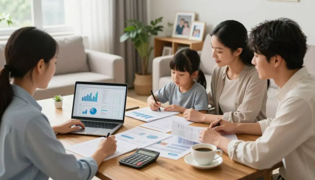 A cozy living room setting with a family sitting around a wooden table, engaged in an organized financial planning session. The foreground features a diverse couple, dressed in professional business attire, attentively looking at a laptop displaying graphs and budget sheets. In the middle, various financial documents, a calculator, and a cup of coffee convey a productive atmosphere. The background showcases a well-lit room with potted plants and family photos, adding a personal touch. Soft, natural lighting filters through a window, creating a warm and inviting mood. The scene emphasizes unity and focus on managing household finances while considering future impacts on their budget and lifestyle.