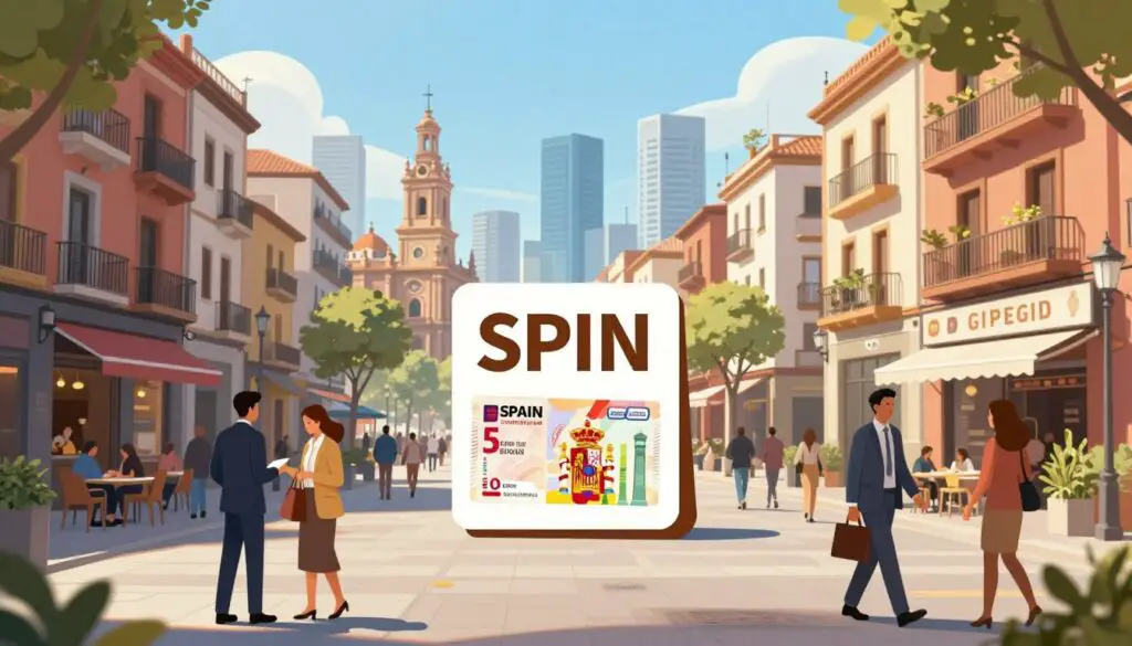 A detailed illustration comparing the cost of living in Spain against the minimum wage would feature a bustling urban street scene in the foreground, showcasing diverse individuals in professional business attire engaging in daily activities. In the middle ground, a variety of shops, cafes, and residential buildings symbolize essential living expenses such as groceries and housing. The background depicts iconic Spanish architecture, like a historical plaza or modern skyline, under a bright, sunny sky that exudes a hopeful and vibrant atmosphere. Soft, natural lighting enhances the scene, with a slight lens blur on the edges to draw focus to the people and businesses in the foreground. The overall mood is dynamic and informative, visually capturing the essence of economic comparison in Spain.