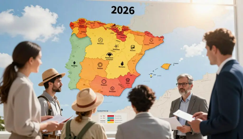 A detailed map of Spain showcasing regional and sectoral aspects of the minimum wage in 2026. In the foreground, display diverse professionals in smart business attire—such as a teacher, a farmer, and an office worker—engaged in discussion over a chart. In the middle ground, illustrate the map of Spain, color-coded to represent different wage levels across various regions, with icons symbolizing key sectors like agriculture, technology, and hospitality. The background should feature a bright, sunny sky with clouds providing a hopeful atmosphere, symbolizing growth and prosperity. Use natural lighting to enhance clarity, and employ a slightly elevated angle to give a comprehensive view of the map, highlighting its intricate details while maintaining an engaging and informative tone.
