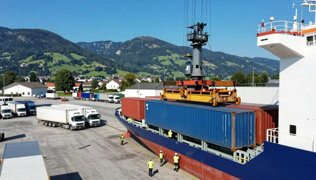 A detailed scene depicting cabotage operations in a bustling Austrian port. In the foreground, a cargo ship is being loaded with containers by a modern crane, showcasing various shipping logistics. Workers, dressed in professional safety attire, are meticulously coordinating the process. In the middle ground, large trucks are parked, ready to transport goods, with a busy loading dock in sight. The background features the picturesque Austrian landscape, with rolling hills and a vibrant blue sky, emphasizing the connection between transport and the natural environment. The lighting is bright and sunny, capturing a lively, industrious atmosphere. The perspective is slightly elevated, giving a comprehensive view of the operations and highlighting the efficiency of the logistics network. A detailed scene depicting cabotage operations in a bustling Austrian port. In the foreground, a cargo ship is being loaded with containers by a modern crane, showcasing various shipping logistics. Workers, dressed in professional safety attire, are meticulously coordinating the process. In the middle ground, large trucks are parked, ready to transport goods, with a busy loading dock in sight. The background features the picturesque Austrian landscape, with rolling hills and a vibrant blue sky, emphasizing the connection between transport and the natural environment. The lighting is bright and sunny, capturing a lively, industrious atmosphere. The perspective is slightly elevated, giving a comprehensive view of the operations and highlighting the efficiency of the logistics network.