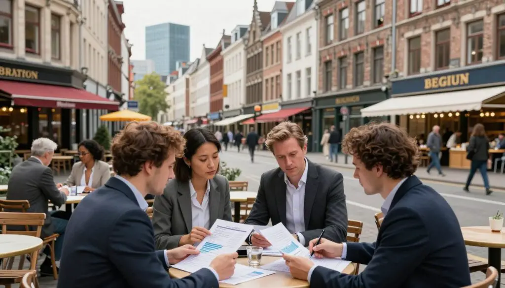 A detailed urban scene illustrating the cost of living and purchasing power in Belgium in 2026. In the foreground, a diverse group of professionals in business attire is engaged in a discussion while analyzing financial documents and charts at a café table. The middle ground features a bustling Belgian street with characteristic architecture, including cafes, shops, and local markets. The background showcases a modern skyline with a blend of traditional and contemporary buildings. Soft, natural lighting illuminates the scene, creating a warm and inviting atmosphere, while the angle captures a slightly elevated view, offering depth and perspective. The image conveys a sense of economic dynamism and community engagement, reflecting on the overall economic situation in Belgium. A detailed urban scene illustrating the cost of living and purchasing power in Belgium in 2026. In the foreground, a diverse group of professionals in business attire is engaged in a discussion while analyzing financial documents and charts at a café table. The middle ground features a bustling Belgian street with characteristic architecture, including cafes, shops, and local markets. The background showcases a modern skyline with a blend of traditional and contemporary buildings. Soft, natural lighting illuminates the scene, creating a warm and inviting atmosphere, while the angle captures a slightly elevated view, offering depth and perspective. The image conveys a sense of economic dynamism and community engagement, reflecting on the overall economic situation in Belgium.