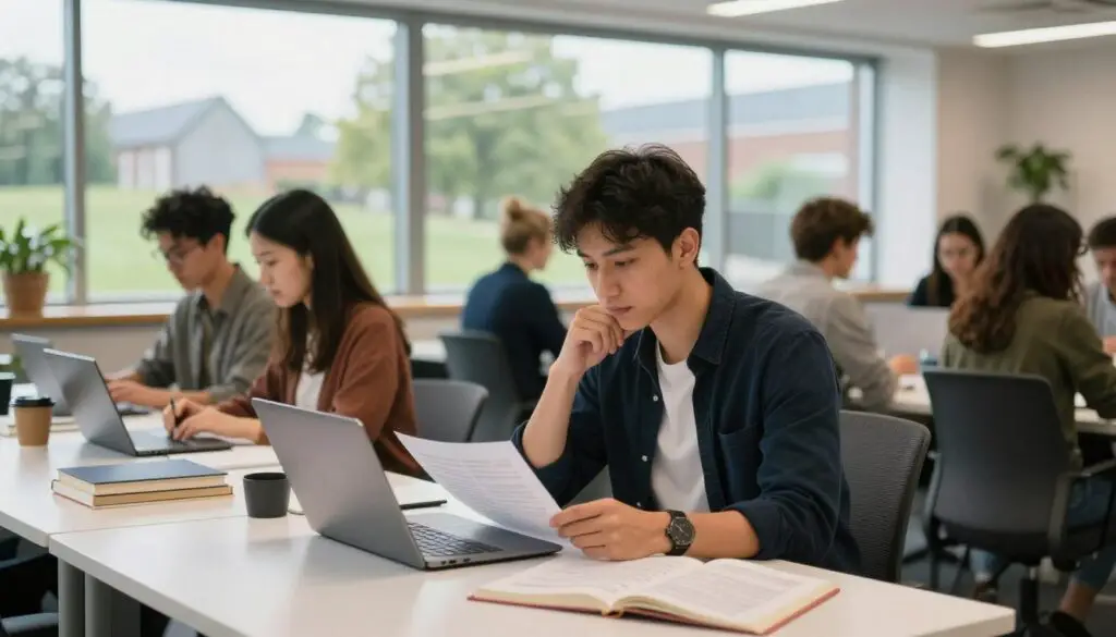 A focused student working in a modern coworking space in Ireland, seated at a sleek desk surrounded by laptops and books. The foreground features the student, a young adult with a thoughtful expression, wearing smart casual attire, intently studying a document. The middle ground includes a vibrant atmosphere with fellow students collaborating, showcasing diverse characteristics and focused expressions. In the background, large windows flood the scene with natural light, revealing a glimpse of Ireland's lush greenery and urban architecture. The overall mood is one of determination and productivity, with a warm and inviting ambiance enhanced by the soft glow of indoor lighting. The perspective is slightly elevated, capturing the dynamic yet cozy environment without any distractions or text. A focused student working in a modern coworking space in Ireland, seated at a sleek desk surrounded by laptops and books. The foreground features the student, a young adult with a thoughtful expression, wearing smart casual attire, intently studying a document. The middle ground includes a vibrant atmosphere with fellow students collaborating, showcasing diverse characteristics and focused expressions. In the background, large windows flood the scene with natural light, revealing a glimpse of Ireland's lush greenery and urban architecture. The overall mood is one of determination and productivity, with a warm and inviting ambiance enhanced by the soft glow of indoor lighting. The perspective is slightly elevated, capturing the dynamic yet cozy environment without any distractions or text.