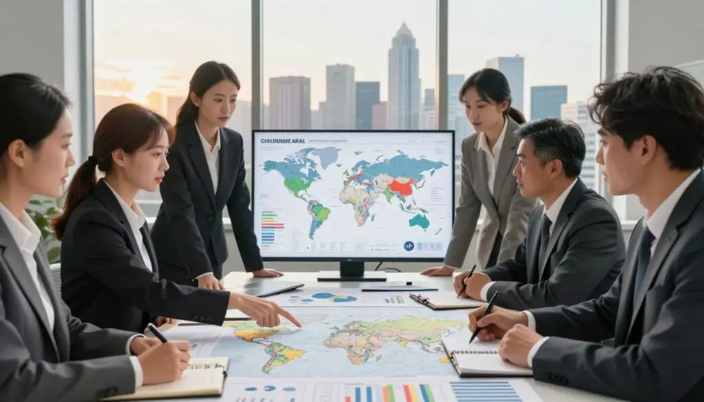 A global socioeconomic analysis scene, featuring a diverse group of people in professional business attire engaged in discussion around a large table covered with maps and financial charts. In the foreground, a Caucasian woman points to a chart, while an Asian man takes notes. The middle ground shows a large world map displaying economic data and key indicators. In the background, large windows reveal a city skyline representing different cultures and economies, bathed in warm, natural light from a setting sun. The mood is collaborative and reflective, highlighting the interconnectedness of global economies and the impact on living standards, such as minimum wage discussions. The image should evoke a sense of urgency and professionalism, without any text or watermarks.