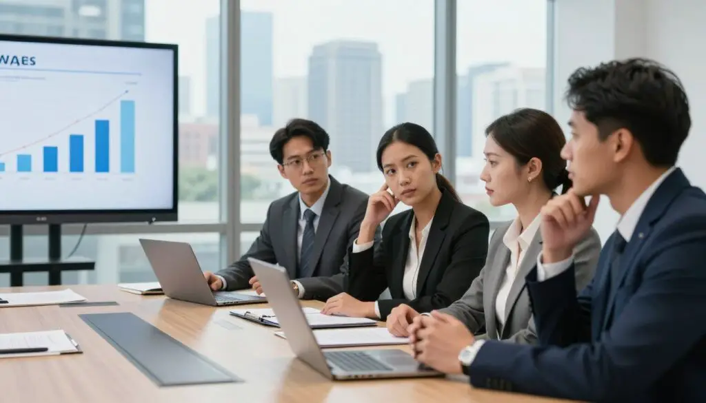 A modern corporate office setting, focusing on a group of diverse professionals in business attire engaged in a strategy meeting. Foreground: a large conference table with documents, laptops, and a presentation screen displaying graphs related to wages and economic impact. Middle: focused expressions on the faces of four colleagues, a middle-aged Black woman, a young Asian man, a Caucasian woman, and a Hispanic man, emphasizing teamwork and concern. Background: a large window overlooking an urban skyline, with soft daylight illuminating the scene, creating a vibrant yet serious atmosphere. The composition conveys the serious implications of minimum wage changes for businesses and employers, with a balance of light and shadow enhancing the contemplative mood. A modern corporate office setting, focusing on a group of diverse professionals in business attire engaged in a strategy meeting. Foreground: a large conference table with documents, laptops, and a presentation screen displaying graphs related to wages and economic impact. Middle: focused expressions on the faces of four colleagues, a middle-aged Black woman, a young Asian man, a Caucasian woman, and a Hispanic man, emphasizing teamwork and concern. Background: a large window overlooking an urban skyline, with soft daylight illuminating the scene, creating a vibrant yet serious atmosphere. The composition conveys the serious implications of minimum wage changes for businesses and employers, with a balance of light and shadow enhancing the contemplative mood.