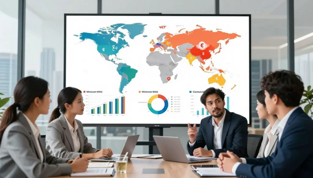 A modern office scene depicting international salary comparisons. In the foreground, a diverse group of professionals in business attire—two men and two women of varying ethnicities—are engaged in animated discussion while analyzing graphs on a large screen. The middle ground features an infographic showcasing various countries and their minimum wage statistics, with currency symbols and comparative charts, all presented in vibrant colors. The background includes a panoramic view of a city skyline representing the global nature of economies. The lighting is bright and conducive to a productive atmosphere, creating a sense of urgency and importance. The image captures a professional and collaborative mood, emphasizing the significance of salary discussions in a contemporary context.
