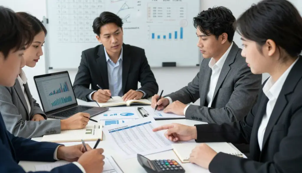 A professional business environment featuring a diverse group of individuals in smart attire, engaged in a discussion around a large table covered with financial documents and calculators. In the foreground, a woman points at a detailed salary calculation chart, emphasizing the components of net salary. In the middle, a man takes notes while looking at a laptop displaying financial graphs. The background shows a whiteboard filled with tax brackets, salary structures, and cost-of-living statistics. The lighting is bright and focused, creating a serious and analytical atmosphere. The camera angle is slightly elevated, capturing the intensity of the conversation while showcasing the detailed visual elements related to salary calculations.