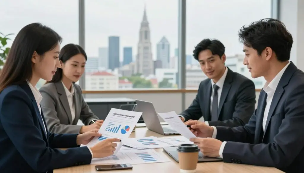A professional business meeting scene in an office setting, focusing on the discussion of salary requirements for visas in Austria. In the foreground, a diverse group of four individuals in smart business attire, consisting of two men and two women, attentively analyzing financial documents and charts about minimum wage. The middle ground features a large table cluttered with graphs, laptops, and coffee cups, creating a collaborative atmosphere. In the background, large windows show a panoramic view of Vienna’s iconic skyline under soft, natural lighting, symbolizing opportunities for immigrants and workers. The overall mood is optimistic and focused, conveying the importance of understanding minimum salary impacts for a better life in Austria. A professional business meeting scene in an office setting, focusing on the discussion of salary requirements for visas in Austria. In the foreground, a diverse group of four individuals in smart business attire, consisting of two men and two women, attentively analyzing financial documents and charts about minimum wage. The middle ground features a large table cluttered with graphs, laptops, and coffee cups, creating a collaborative atmosphere. In the background, large windows show a panoramic view of Vienna’s iconic skyline under soft, natural lighting, symbolizing opportunities for immigrants and workers. The overall mood is optimistic and focused, conveying the importance of understanding minimum salary impacts for a better life in Austria.