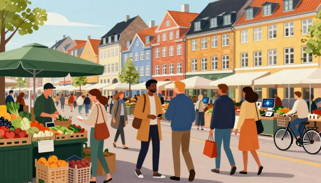 A vibrant illustration depicting the cost of living and purchasing power in Denmark. In the foreground, a diverse group of professionals in smart casual attire explores a bustling Scandinavian market, engaging with local vendors. The middle ground features a variety of fresh produce, stylish clothing, and modern technology items, symbolizing consumer choices. In the background, iconic Danish architecture, such as colorful row houses and bicycles, complements the scene under soft, natural daylight, creating an atmosphere of prosperity and vibrancy. The image composition should convey a sense of community and economic vitality, highlighting the balance of quality of life and purchasing power in Denmark as a contemporary and appealing place to live and work.