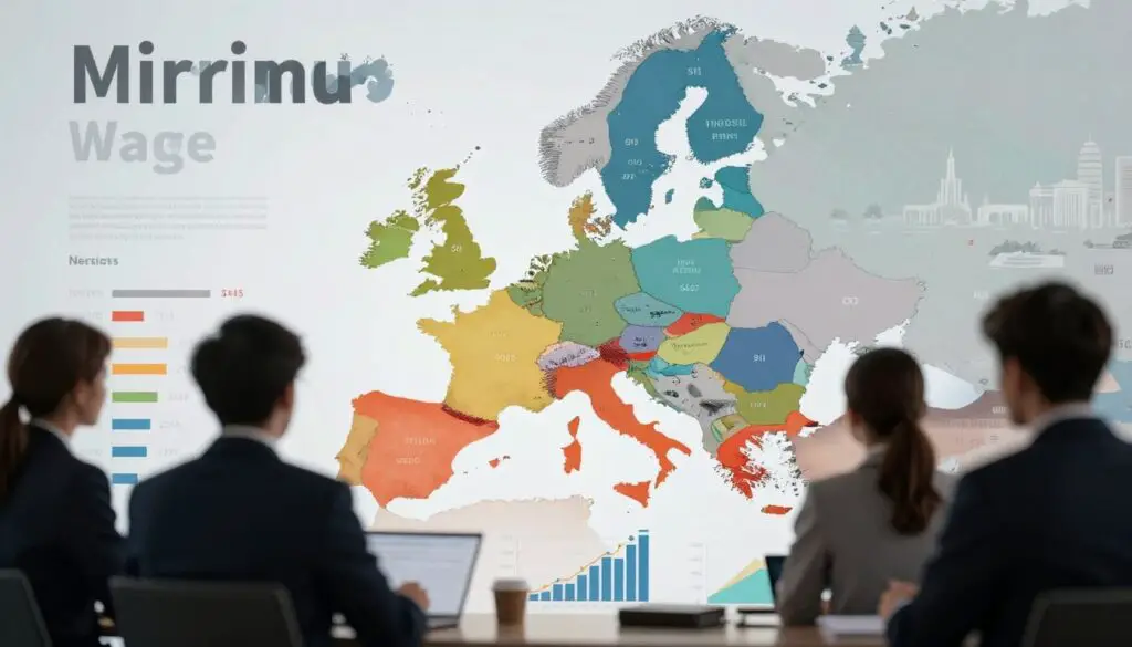 A visual representation comparing minimum wages across the European Union, focusing on Ireland, with a central infographic-style display showing various EU countries highlighted on a map. In the foreground, graphs and charts with contrasting colors depict wage differences, symbolizing financial data analysis. The middle ground features silhouettes of professional individuals in business attire studying the charts, embodying a serious atmosphere of economic discussion. The background includes a muted, stylized map of Europe with iconic landmarks delicately illustrated to provide context, illuminated by soft, ambient lighting to evoke a scholarly mood. The image should be clear and analytical, avoiding any text overlays or additional distractions, to maintain focus on the comparative analysis of minimum wages. A visual representation comparing minimum wages across the European Union, focusing on Ireland, with a central infographic-style display showing various EU countries highlighted on a map. In the foreground, graphs and charts with contrasting colors depict wage differences, symbolizing financial data analysis. The middle ground features silhouettes of professional individuals in business attire studying the charts, embodying a serious atmosphere of economic discussion. The background includes a muted, stylized map of Europe with iconic landmarks delicately illustrated to provide context, illuminated by soft, ambient lighting to evoke a scholarly mood. The image should be clear and analytical, avoiding any text overlays or additional distractions, to maintain focus on the comparative analysis of minimum wages.