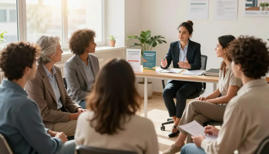 A warm, inviting scene illustrating social benefits and support for low-income individuals in Portugal. In the foreground, a diverse group of people—men and women of various ages and ethnic backgrounds—are engaged in conversation, dressed in professional business attire and modest casual clothing. In the middle ground, a community center or office setting showcases a table with information brochures about social assistance programs and a financial advisor discussing options, highlighting a supportive atmosphere. The background features sunlight streaming in through large windows, creating a positive and hopeful mood. Use soft, natural lighting to enhance the welcoming vibe, with a focus on warm color tones to evoke a sense of community and opportunity.