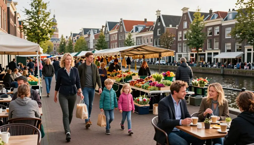 A bustling Dutch city street scene illustrating the cost of living in Holland, featuring a diverse group of professionals and families engaged in daily activities. In the foreground, a well-dressed couple is enjoying coffee at an outdoor café, while a family with children walks by with groceries. The middle ground shows a market bustling with vendors selling fresh produce and flowers, showcasing the vibrant community life. In the background, iconic Dutch architecture with gabled roofs and canals reflects the unique cultural heritage. The lighting is warm and inviting, creating a lively afternoon atmosphere. The camera angle is slightly elevated to encompass a wider view of the street, emphasizing both the open market and the busy city life, symbolizing economic activity and its impact on living standards. A bustling Dutch city street scene illustrating the cost of living in Holland, featuring a diverse group of professionals and families engaged in daily activities. In the foreground, a well-dressed couple is enjoying coffee at an outdoor café, while a family with children walks by with groceries. The middle ground shows a market bustling with vendors selling fresh produce and flowers, showcasing the vibrant community life. In the background, iconic Dutch architecture with gabled roofs and canals reflects the unique cultural heritage. The lighting is warm and inviting, creating a lively afternoon atmosphere. The camera angle is slightly elevated to encompass a wider view of the street, emphasizing both the open market and the busy city life, symbolizing economic activity and its impact on living standards.