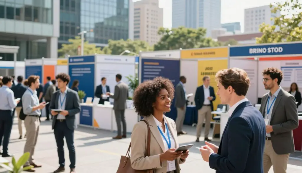 A bustling job market scene in a modern urban setting, foreground features a diverse group of professionals, including a Black woman and a White man in business attire, engaged in a discussion. In the middle, showcase a vibrant job fair with booths displaying various industries, such as technology, healthcare, and education. Background elements include a city skyline with modern architecture, symbolizing economic growth. The lighting is bright and inviting, suggesting a hopeful atmosphere, with soft shadows for depth. Capture the scene from a slightly elevated angle, creating a dynamic perspective that emphasizes interaction and opportunity. The overall mood is optimistic, showcasing a thriving labor market with a focus on diverse opportunities in the workforce.