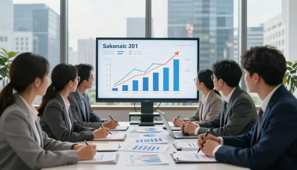 A conceptual illustration of economic trends and salary perspectives, featuring a professional business meeting set in a modern office with large windows. In the foreground, diverse professionals in business attire discuss data on salary charts and economic graphs spread across a table. The middle layer includes a well-presented digital board displaying upward-trending graphs and infographics related to salary minimums and cost of living adjustments. The background showcases city skyscrapers, reflecting a vibrant economy. Soft, natural light pours in from the windows, creating an optimistic atmosphere. The lens perspective captures the engaged expressions of the professionals, emphasizing collaboration and forward-thinking in economic strategies, with a focus on salary trends.