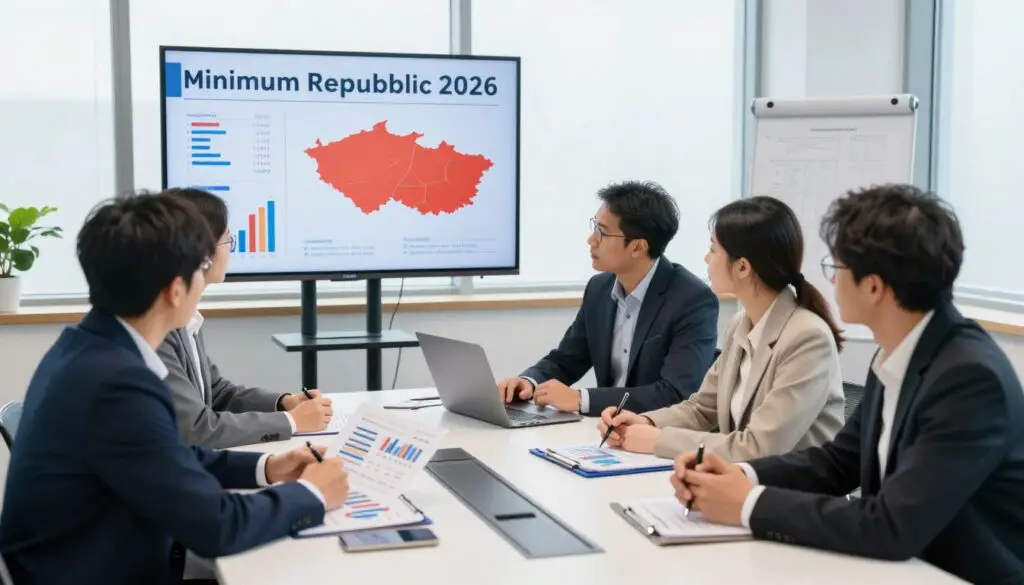 A detailed analysis of the minimum wage in the Czech Republic for 2026, showcasing a professional office setting. In the foreground, a diverse group of individuals in business attire is engaged in a discussion around a sleek conference table, analyzing charts and graphs displaying economic data related to minimum wage and cost of living. The middle background includes a large digital screen showing infographics and statistics, with prominent visuals of the Czech Republic’s map. Bright, natural light floods the room through large windows, creating a productive and focused atmosphere. The overall mood is one of collaboration and analytical thinking, captured from a slightly elevated angle to emphasize the interactions among the participants.