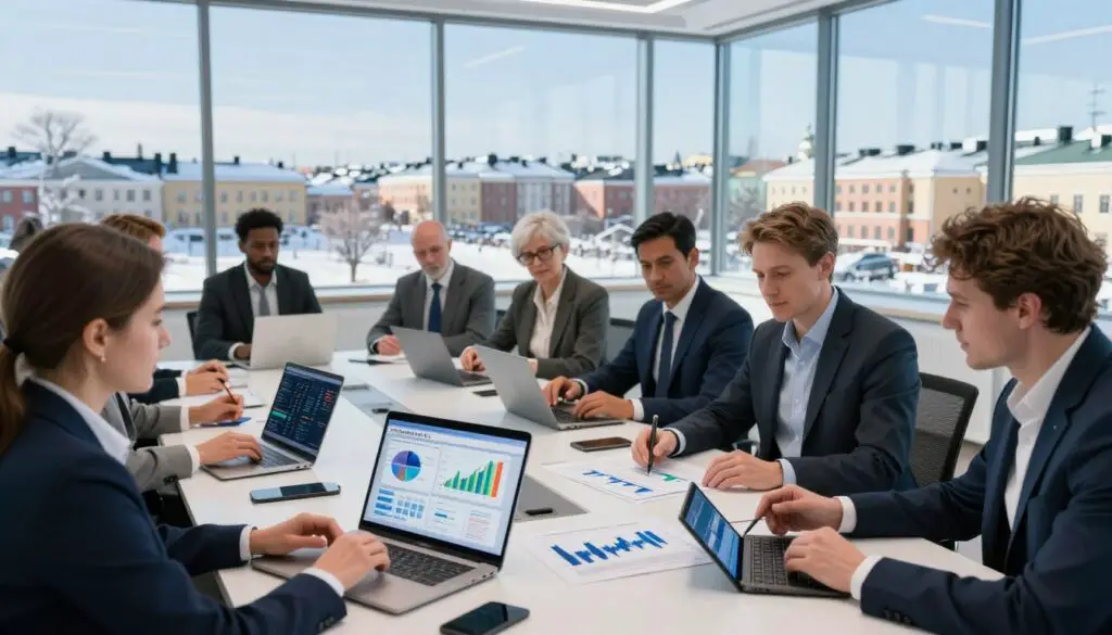 A detailed and vibrant scene depicting the economic projections of Finland for 2026. In the foreground, a diverse group of professionals in business attire, including a Finnish woman with glasses and a Finnish man in a suit, engaged in a discussion while analyzing financial charts and graphs illuminated by soft natural light. The middle ground features a large, modern conference table covered with advanced technology tools like laptops and tablets displaying colorful graphs and economic data. In the background, a panoramic window shows a wintery Helsinki skyline with snow-covered rooftops and trees, under a clear blue sky. The atmosphere conveys a sense of optimism and professionalism, with a focus on collaborative growth and economic vitality. The image should employ a wide-angle lens to capture the dynamic interactions and the spacious environment.