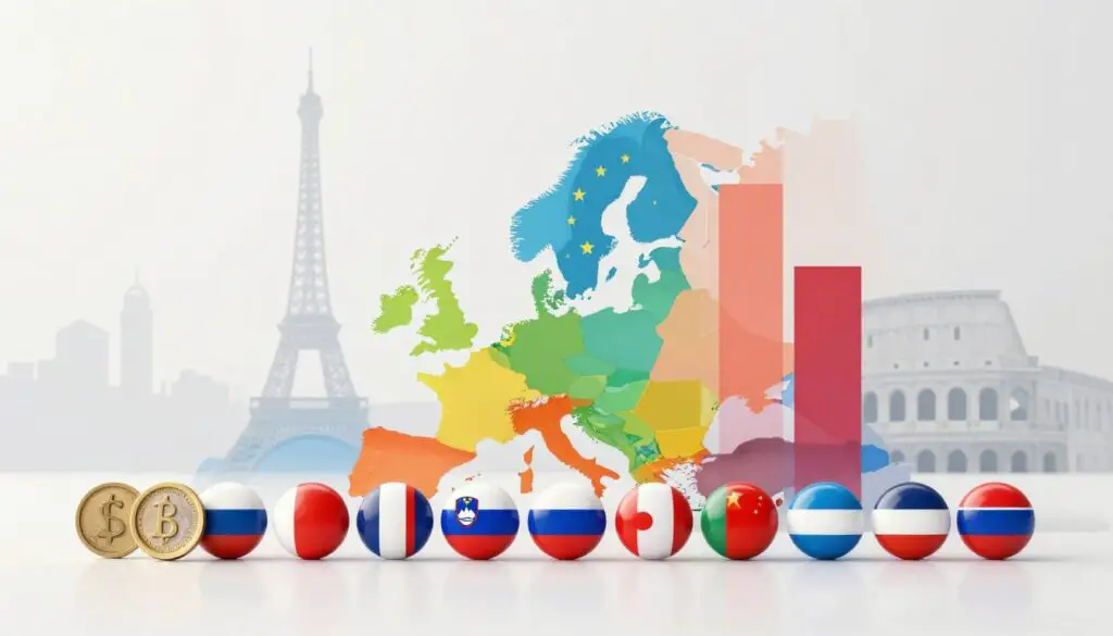 A detailed comparison graphic representing minimum wages in various European Union countries, set in a clean, modern infographic style. Foreground elements include icons or symbols depicting different currencies, alongside country flags arranged in a visually appealing line-up. The middle ground features a vibrant color-coded bar chart indicating minimum wage levels for countries, with Slovenia highlighted prominently. In the background, soft silhouettes of iconic European landmarks, such as the Eiffel Tower and Colosseum, create a cohesive European theme without overpowering the main content. The lighting is bright and inviting, with a focus on clarity and readability. The overall mood is analytical and informative, evoking a sense of professionalism and modernity in financial discussions.