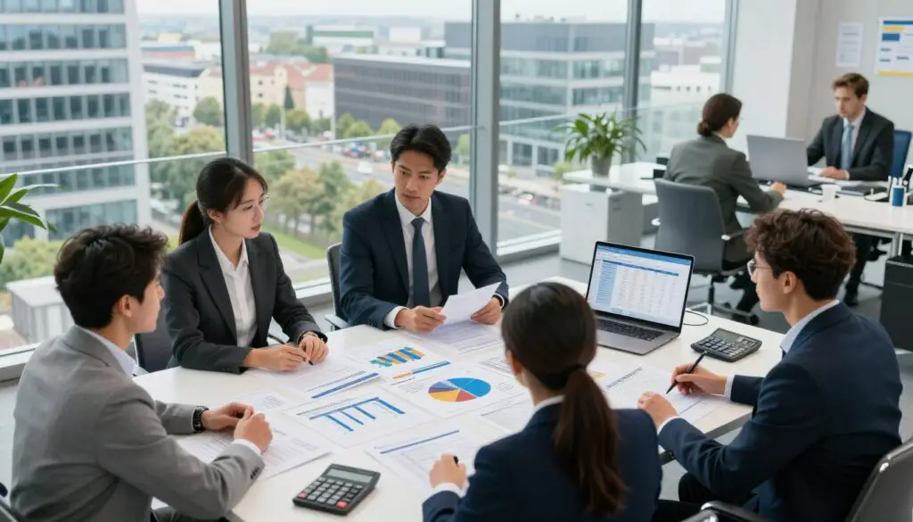 A detailed illustration of the social contributions and tax system in Luxembourg, featuring a well-organized office setting. In the foreground, a diverse group of professionals dressed in business attire are engaged in a discussion around a table, analyzing documents with graphs and charts about earnings and contributions. The middle ground showcases a contemporary office desk with financial reports, calculators, and a laptop displaying tax data. In the background, large windows reveal a modern cityscape of Luxembourg, with iconic architecture and green spaces. The lighting is bright and professional, creating a productive atmosphere. The angle is slightly elevated, capturing both the group and the urban environment through the glass. The mood is focused and analytical, illustrating the importance of understanding taxes and social contributions in a growing economy.