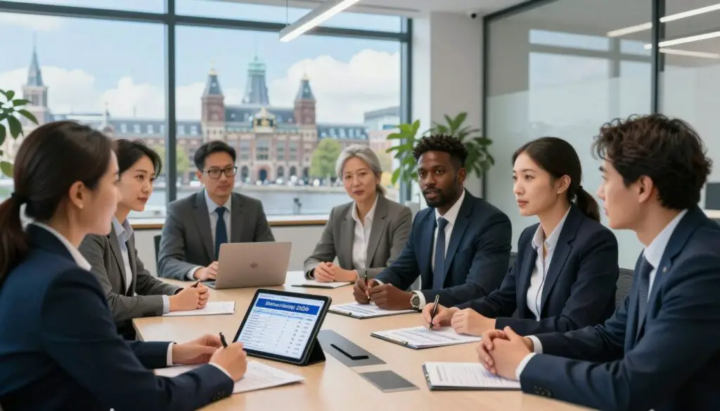 A detailed scene depicting the updated minimum wage in the Netherlands for 2026, featuring a professional office environment. In the foreground, a group of diverse business professionals in smart business attire is engaged in an animated discussion around a modern conference table, with financial documents and a digital tablet displaying wage statistics. In the middle ground, a large window reveals a cityscape of Amsterdam, showcasing iconic architecture against a bright blue sky. The background includes sleek office decor, symbolizing a contemporary and thriving business atmosphere. The lighting is bright and natural, filtering through the window, evoking a sense of optimism and productivity. The scene conveys a professional and informative mood, reflecting discussions about economic updates. A detailed scene depicting the updated minimum wage in the Netherlands for 2026, featuring a professional office environment. In the foreground, a group of diverse business professionals in smart business attire is engaged in an animated discussion around a modern conference table, with financial documents and a digital tablet displaying wage statistics. In the middle ground, a large window reveals a cityscape of Amsterdam, showcasing iconic architecture against a bright blue sky. The background includes sleek office decor, symbolizing a contemporary and thriving business atmosphere. The lighting is bright and natural, filtering through the window, evoking a sense of optimism and productivity. The scene conveys a professional and informative mood, reflecting discussions about economic updates.