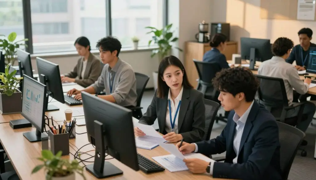 A diverse group of professional individuals working in a modern office environment. In the foreground, a focused woman in business attire is engaged in a discussion with a colleague, who is seated and reviewing documents. The middle ground features a well-organized workspace with computers, charts, and a coffee station. The background showcases large windows letting in natural light, casting a warm glow on the scene. The office decor is sleek and contemporary, with plants adding a touch of greenery. The atmosphere is collaborative and industrious, reflecting the dynamics of a typical workday. Capture this scene with a slightly elevated angle to emphasize engagement and teamwork, illuminated by soft, ambient lighting for a welcoming feel.