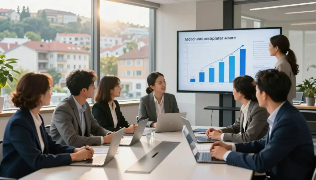 A dynamic office environment in Slovenia showcasing the impact of increased minimum wage on working conditions. In the foreground, a diverse group of professionals, including men and women in smart business attire, engage in a collaborative meeting around a modern conference table. The middle layer features a large window revealing a bustling urban landscape of Slovenia, with sunlit buildings and greenery outside, emphasizing a vibrant community. In the background, charts and graphs depicting rising wages and improved working conditions are displayed on a digital screen. The scene is illuminated by warm, natural light filtering through the window, creating an optimistic and productive atmosphere, capturing the essence of positive change and growth in the workplace.