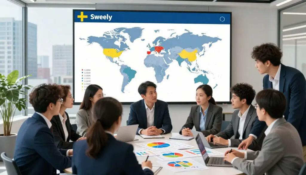 A dynamic scene depicting an international salary comparison with a clear focus on Sweden. In the foreground, a diverse group of professionals dressed in business attire (men and women of various ethnicities) gathers around a circular table, engaging in discussions and analyzing colorful graphs and charts demonstrating salary data. The middle ground features a large digital screen displaying a world map with highlighted countries and corresponding average salaries. The background showcases an office environment with large windows revealing a modern city skyline. The lighting is bright and natural, creating an atmosphere of collaboration and professionalism. The angle is slightly above eye-level, offering a comprehensive view of the setting, emphasizing the importance of understanding international salary standards.