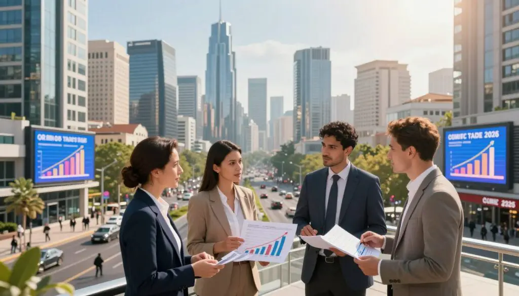 A futuristic cityscape showcasing Turkey in 2026, focusing on economic growth and the impact of minimum wage. In the foreground, a diverse group of professionals in smart business attire are engaged in a discussion, with charts and graphs in hand, illustrating salary increases and cost-of-living comparisons. The middle ground features bustling streets lined with modern buildings, symbolizing prosperity, and digital billboards displaying trends in wages. In the background, a skyline with stylish skyscrapers under a bright sky, suggesting hope and progress. The lighting is warm and inviting, creating a sense of optimism for the future. The angle is slightly elevated, providing a comprehensive view of this vibrant scene.