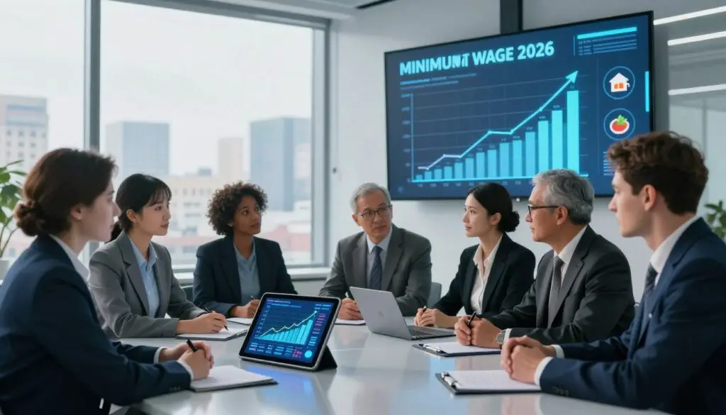 A futuristic office setting representing projections of minimum wage in Belarus for 2026. In the foreground, a diverse group of professionals in business attire are engaged in a discussion around a sleek, digital tablet displaying graphs and data visualizations related to salary trends and living costs. In the middle ground, a modern digital screen shows projections of the minimum wage alongside icons symbolizing various essential expenses, such as housing and food. The background features large windows with a view of a cityscape that blends traditional and futuristic elements, bathed in soft, natural light that highlights the seriousness yet optimism of the discussion. The overall mood is professional, insightful, and forward-looking, emphasizing analytical foresight and economic growth.