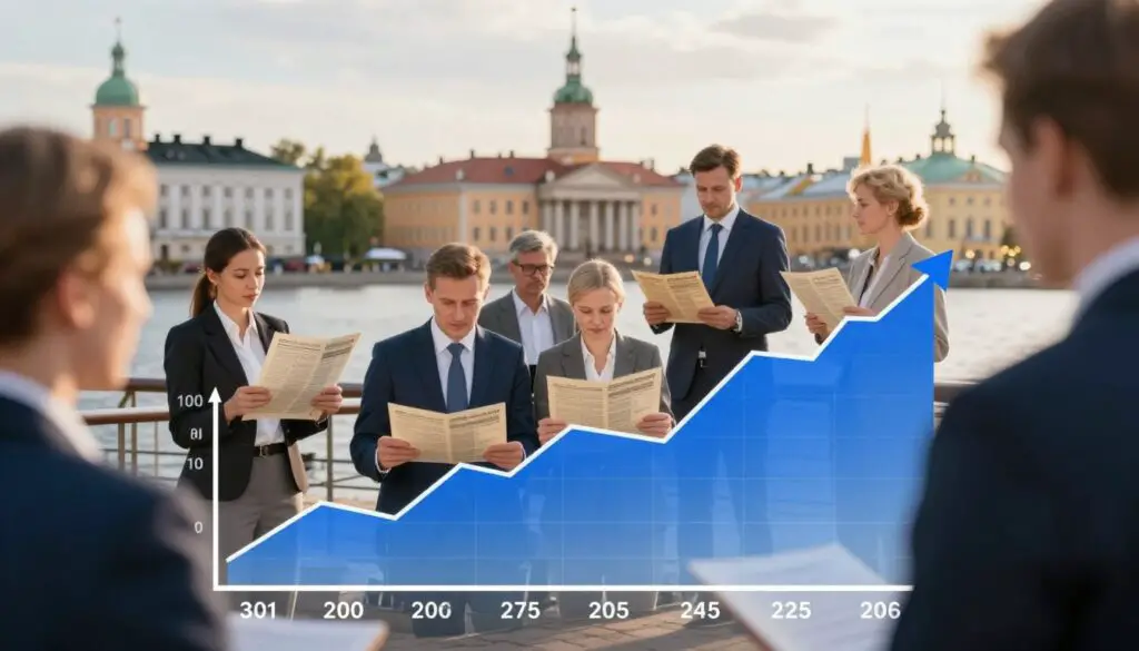 A historical representation of Estonia's minimum wage evolution over the years, showcasing significant economic milestones. In the foreground, a stylish graph displaying salary fluctuations, with years marked and a rising trend line. In the middle, small vignettes of Estonian workers in professional business attire, representing various sectors such as technology, manufacturing, and services, viewing historical wage documents and engaging in discussions. The background features iconic Estonian architecture and landmarks, subtly illuminated by warm sunlight, evoking a sense of progress and prosperity. The atmosphere is a blend of hope and reflection, capturing the essence of economic development. Shot with a soft focus lens to create a depth of field that highlights the foreground while maintaining the integrity of the historical elements.