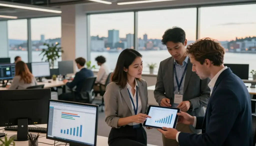 A modern Norwegian workplace, bustling with diverse professionals in business attire, engaging in collaborative discussions. In the foreground, a group of three colleagues, a woman and two men, are reviewing graphs and charts on a digital tablet, showcasing growth and job opportunities. The middle ground features a contemporary office space with large windows allowing natural light to flood in, showcasing the scenic Oslo skyline with fjords in the background. Soft, warm lighting enhances the optimistic atmosphere, reflecting the positive outlook for the job market. The setting conveys a sense of productivity and ambition, emphasizing innovation in various sectors. The image captures the essence of the future of work in Norway, highlighting collaboration and professional growth.