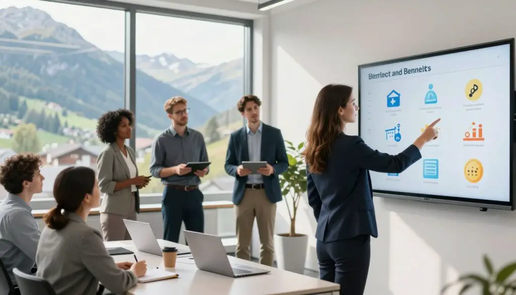 A modern corporate office scene in Liechtenstein showcasing a diverse group of professionals discussing benefits and bonuses. In the foreground, a well-dressed businesswoman points at a digital presentation with various corporate benefit icons like health insurance, vacation days, and bonuses. The middle ground features colleagues—both men and women of various ethnicities—engaged in conversation, some taking notes. In the background, large windows reveal the stunning mountainous landscape of Liechtenstein, bathed in natural light. The atmosphere is vibrant and collaborative, emphasizing a sense of professionalism and teamwork. The image should have a crisp, clear focus with soft daylight streaming through, creating an inviting and dynamic workplace ambiance.