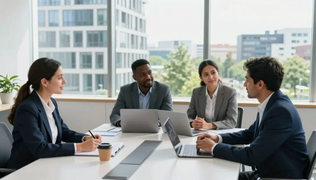 A modern office environment in Poland, showcasing business professionals engaged in discussions about labor benefits. In the foreground, a diverse group of three adults in professional attire – a woman of Polish descent, a Black man, and a South Asian woman – are gathered around a sleek conference table filled with papers, laptops, and coffee cups. The middle ground features a large window revealing a cityscape with contemporary buildings and green spaces, symbolizing the balance between work and life in Poland. The lighting is bright and natural, casting soft shadows throughout the room. The overall mood is optimistic and collaborative, emphasizing the importance of labor benefits on living costs. The angle captures the dynamics of teamwork while maintaining a sense of professionalism and focus on productivity.