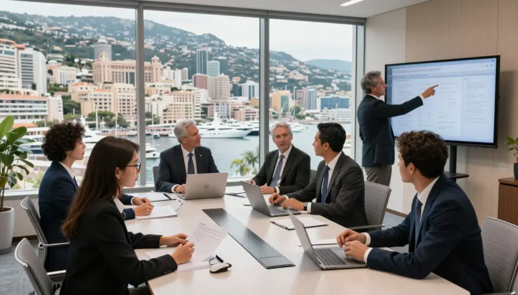 A modern office setting in Monaco, showcasing a diverse group of professionals in business attire engaged in discussion around a sleek conference table. In the foreground, a young woman with dark hair and glasses analyzes financial documents, while a middle-aged man of Mediterranean descent points to a digital presentation on a screen. The middle space features a large window revealing the stunning Mediterranean landscape with yachts and the iconic Monte Carlo skyline. Soft, natural light floods the room, creating an inviting atmosphere. The scene conveys a sense of opportunity and ambition, emphasizing the professional environment and job prospects in Monaco. The angle is slightly from above to capture both the excitement of collaboration and the beauty of the surroundings.