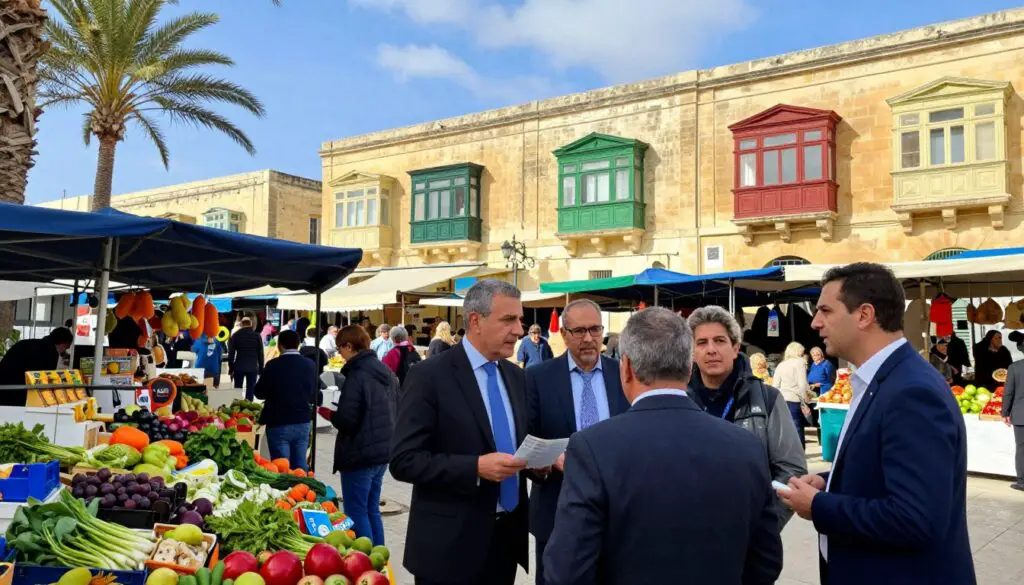 A panoramic view of a bustling Maltese market scene, vividly capturing the essence of Malta's vibrant生活成本. In the foreground, a diverse group of people in professional attire engage in lively discussions, showcasing interactions about wages and living costs. The middle ground features colorful market stalls filled with fresh produce and local goods, reflecting the island's economy. In the background, iconic Maltese architecture, with its warm sandstone buildings and traditional balconies, under a clear blue sky creates a picturesque atmosphere. Soft natural lighting enhances the scene, while a slight breeze rustles the leaves of nearby palm trees, adding to an inviting and optimistic mood that elucidates the impact of minimum wage on the cost of living in Malta.