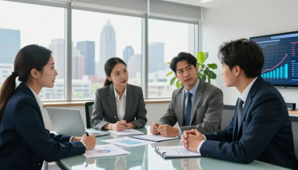 A professional business meeting set in a modern office, focusing on the process of minimum wage policy updates. In the foreground, a diverse group of three professionals in business attire—two men and one woman—are engaged in discussion, with charts and documents spread out on a sleek glass table. The middle ground features a large window showcasing a city skyline, symbolizing economic growth and prosperity. Natural light floods the room, creating a bright and optimistic atmosphere. In the background, a green plant adds a touch of freshness, while a digital display screen shows data trends related to salary increases. The overall mood is serious yet constructive, highlighting the importance of policy-making in the context of living costs.