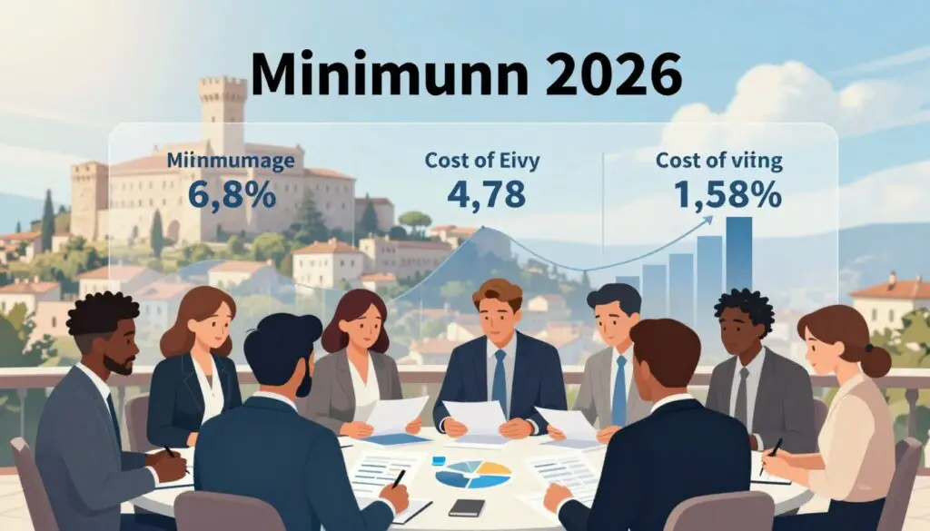 A professional illustration focusing on the topic of the minimum wage in San Marino for 2026. In the foreground, depict a diverse group of individuals in professional business attire, engaged in a discussion about financial documents and charts, representing the economic landscape. The middle ground features a large, transparent infographic displaying key figures related to the minimum wage and cost of living, with an elegant design. In the background, include the scenic landscape of San Marino, showcasing its historic architecture under a bright, sunny sky. Utilize soft lighting to create a hopeful and informative atmosphere, with a slightly elevated angle to provide depth. The overall mood should be one of collaboration and optimism, suitable for a financial analysis context.