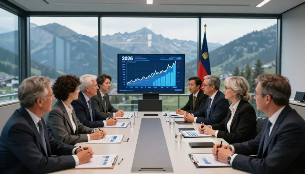 A professional meeting room in Liechtenstein, with a panoramic view of the mountainous landscape through large windows. In the foreground, a diverse group of business professionals, dressed in elegant formal attire, are engaged in a serious discussion around a sleek conference table filled with charts and financial reports. The middle ground features digital screens displaying rising economic graphs and projections for 2026, with the iconic flag of Liechtenstein subtly placed in the background. The atmosphere is focused and optimistic, illuminated by soft, ambient lighting that highlights the determination on the faces of the participants. The camera angle is slightly elevated to capture the dynamic exchange of ideas, emphasizing the importance of economic forecasting in shaping the future.