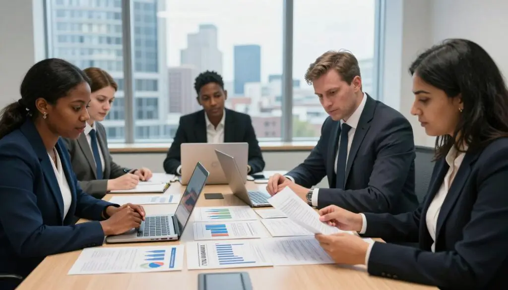A professional meeting taking place in a modern government office in the United Kingdom, depicting officials engaged in strategic discussions about public policy and economic planning. In the foreground, a diverse group of three individuals in professional business attire, including a Black woman, a Caucasian man, and a South Asian woman, are focused on reviewing documents and graphs related to economic strategies. In the middle ground, a large conference table with laptops, charts, and statistic reports, showcasing data relevant to minimum wage and living costs. The background features a large window with a view of a city skyline, bathed in soft natural light, creating a constructive and collaborative atmosphere. The image conveys a sense of urgency and importance, reflecting the serious nature of regulatory aspects influencing economic policies. A professional meeting taking place in a modern government office in the United Kingdom, depicting officials engaged in strategic discussions about public policy and economic planning. In the foreground, a diverse group of three individuals in professional business attire, including a Black woman, a Caucasian man, and a South Asian woman, are focused on reviewing documents and graphs related to economic strategies. In the middle ground, a large conference table with laptops, charts, and statistic reports, showcasing data relevant to minimum wage and living costs. The background features a large window with a view of a city skyline, bathed in soft natural light, creating a constructive and collaborative atmosphere. The image conveys a sense of urgency and importance, reflecting the serious nature of regulatory aspects influencing economic policies.