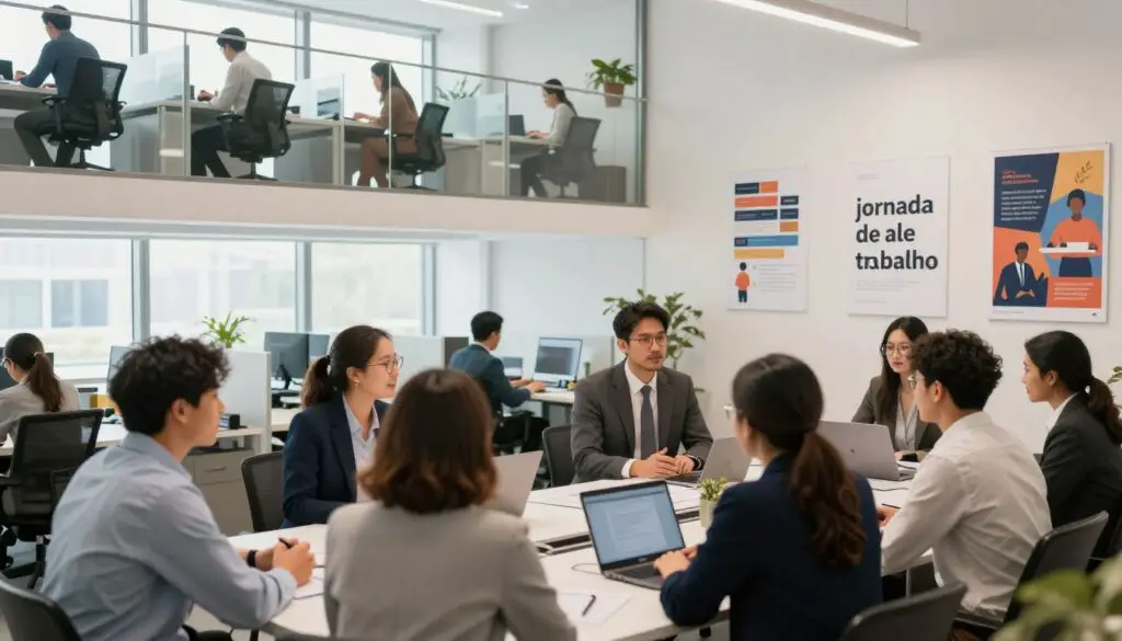 A professional office setting showcasing a "jornada de trabalho" atmosphere. In the foreground, diverse individuals in smart business attire are engaged in discussions at a conference table, surrounded by laptops and documents. The middle layer features a bright, well-organized office space with large windows, letting in natural light, highlighting motivational posters on the walls about work-life balance and productivity. The background shows tall, glass cubicles with workers diligently focused on their tasks. The overall mood is energetic and collaborative, conveying a sense of determination and professionalism. Use soft focus on the edges, with a warm and inviting color palette to enhance the atmosphere of productivity and teamwork.