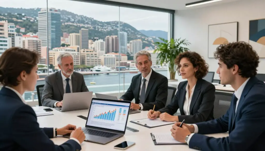 A professional office setting with a modern aesthetic in Monaco, featuring a well-lit workspace showcasing a prominent desk with a laptop displaying financial graphs and charts related to minimum wage updates for 2026. In the foreground, a diverse group of business professionals dressed in smart attire discusses insights, their expressions reflecting determination and optimism. The middle ground portrays a glass wall with a stunning view of Monaco's luxurious skyline and Mediterranean coastline, symbolizing economic vitality. The background includes potted plants and abstract art pieces, adding a touch of sophistication. Soft, natural lighting enhances the positive atmosphere, capturing the essence of evolving perspectives on income and living costs in 2026.