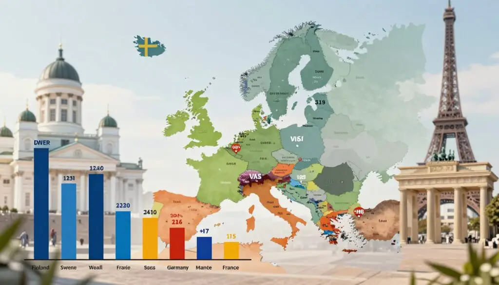 A professional, visually striking infographic comparing the minimum salary across various European countries, with a focus on Finland. In the foreground, a bar graph illustrating minimum wage levels in different countries like Finland, Sweden, Germany, and France, each represented with distinct colors. The middle ground features a map of Europe, pinpointing each country with its respective salary highlighted. In the background, soft-focus visuals of iconic landmarks from these countries, like the Helsinki Cathedral, Brandenburg Gate, and Eiffel Tower, create a cohesive European feel. Natural daylight illuminates the scene, adding a sense of clarity and professionalism. The overall atmosphere should be informative and analytical, suitable for an economic discussion.