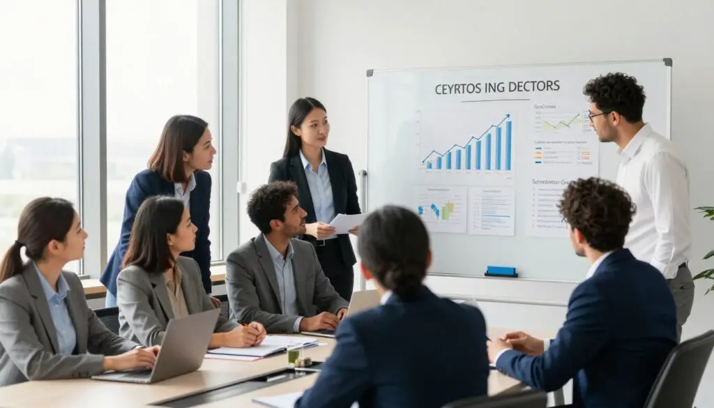 A professional workplace scene illustrating factors influencing salary increases in Cyprus, set in a bright, modern office environment. In the foreground, a diverse group of business professionals, dressed in smart business attire, are engaged in a collaborative discussion around a conference table, analyzing charts and graphs that represent economic data. The middle ground features a large whiteboard filled with key factors such as economic growth, cost of living, and labor market trends. In the background, tall windows allow natural light to flood the space, creating a warm, optimistic atmosphere. The camera angle is slightly above eye level, capturing both the professionals’ expressions and the detailed information on the board. The overall mood is focused and dynamic, reflecting the importance of understanding salary dynamics in Cyprus.