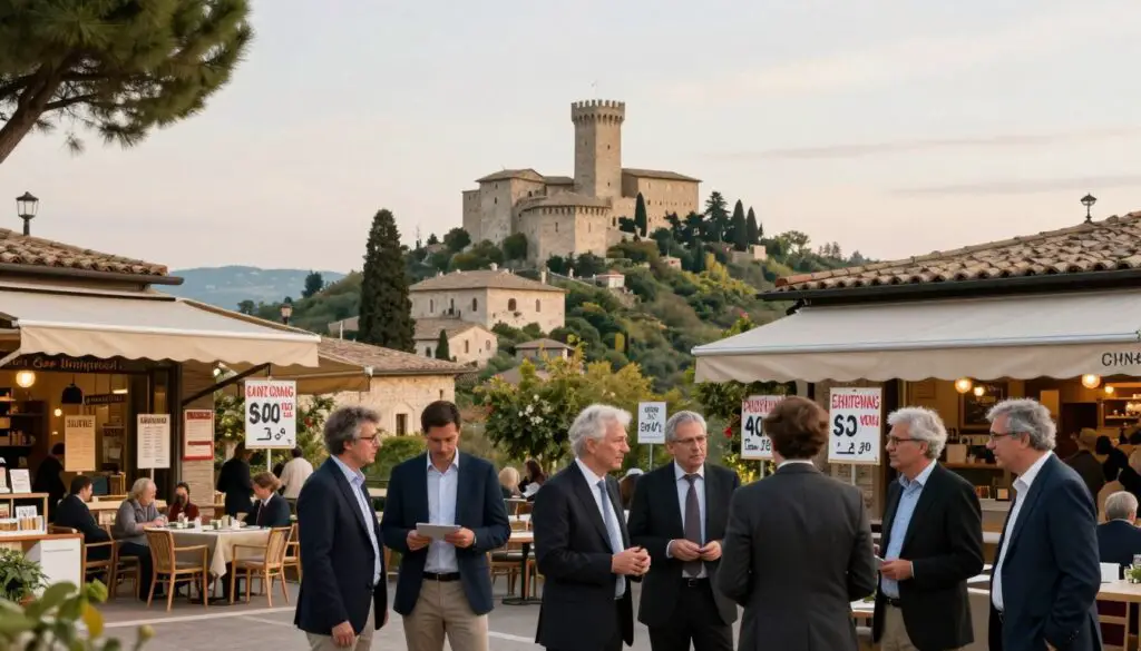 A scenic view of San Marino, focusing on elements that illustrate the cost of living. In the foreground, a diverse group of individuals in professional attire, engaged in conversation while examining local businesses. In the middle ground, quaint shops and cafes featuring price tags that illustrate affordability, interspersed with scenic views of the medieval architecture. The background showcases the iconic Guaita Tower and lush hills, adding depth to the composition. Soft, natural lighting casts warm tones across the landscape, creating an inviting atmosphere. The scene conveys a sense of community and economic activity, highlighting the relationship between living costs and salary decisions in this picturesque republic.