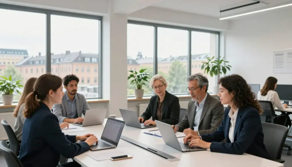 A serene Scandinavian office scene showcasing the benefits and working conditions in Sweden. In the foreground, a diverse group of professionals in stylish yet modest business attire engage in a collaborative discussion around a modern conference table, surrounded by laptops and documents. In the middle ground, large windows let in bright, natural light, illuminating a minimalist design with indoor plants and ergonomic furniture, suggesting a healthy work environment. The background features a view of a cityscape with iconic Scandinavian architecture and greenery, enhancing the sense of a balanced work-life atmosphere. The overall mood is productive and inspiring, with a clean, bright ambiance that reflects Sweden's progressive work culture.