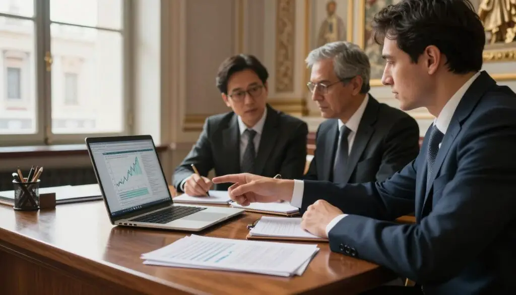 A sophisticated office setting reflecting financial transparency at the Vatican. In the foreground, a polished wooden desk with financial documents and a laptop displaying an analytical chart. Soft, natural lighting filters through large windows, casting gentle shadows. In the middle ground, a team of three professional individuals dressed in business attire, engaged in a strategic discussion. One points to a visible financial graph on the laptop, while the others take notes. In the background, luxurious yet subtle ecclesiastical decor represents the Vatican's unique identity. A sense of collaboration and focus permeates the atmosphere, highlighting a commitment to financial clarity and accountability. The image should convey a serious and professional mood, ideal for a finance-related article. A sophisticated office setting reflecting financial transparency at the Vatican. In the foreground, a polished wooden desk with financial documents and a laptop displaying an analytical chart. Soft, natural lighting filters through large windows, casting gentle shadows. In the middle ground, a team of three professional individuals dressed in business attire, engaged in a strategic discussion. One points to a visible financial graph on the laptop, while the others take notes. In the background, luxurious yet subtle ecclesiastical decor represents the Vatican's unique identity. A sense of collaboration and focus permeates the atmosphere, highlighting a commitment to financial clarity and accountability. The image should convey a serious and professional mood, ideal for a finance-related article.