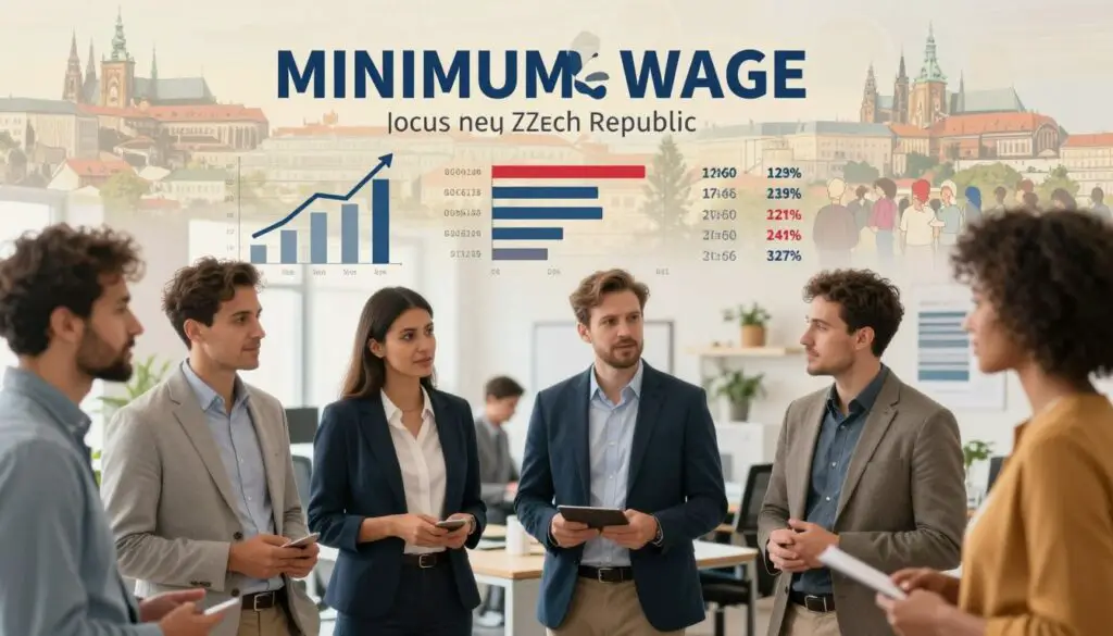 A symbolic representation of the minimum wage impacts on immigration in the Czech Republic. In the foreground, a diverse group of professional and casual workers of various ethnicities, dressed in business attire and modest casual clothing, engage in conversation and collaboration. In the middle ground, a modern office environment with graphics illustrating economic growth, immigration statistics, and minimum wage comparisons. In the background, a cityscape of Prague featuring iconic architecture, blending with subtle imagery of immigration, like passports and community gatherings. Soft natural lighting casts a warm and inviting atmosphere, with a focus on faces demonstrating determination and optimism. The angle is slightly elevated, showcasing the interactions and the bustling environment, emphasizing the theme of opportunity and growth.