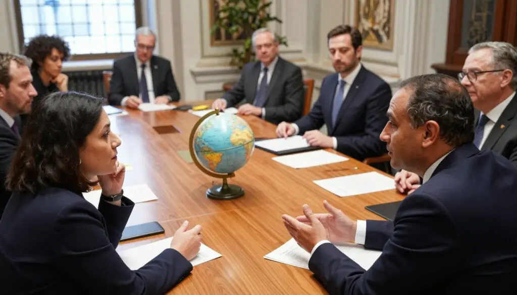 A thoughtful dialogue between a diverse group of workers and officials in a formal meeting setting inside the Vatican. In the foreground, a woman in professional attire is passionately discussing rights with a man in a suit, both engaged and exchanging ideas. The middle ground features a large wooden conference table adorned with documents and a small globe, suggesting global perspectives on labor rights. In the background, hints of the Vatican architecture are visible through elegantly arched windows, letting in soft, natural light, creating an inspirational atmosphere. The mood is serious yet hopeful, emphasizing collaboration and understanding on labor issues. The image should be composed with a slight top-down angle, capturing both the individuals and the grandeur of the environment, avoiding any text or watermarks. A thoughtful dialogue between a diverse group of workers and officials in a formal meeting setting inside the Vatican. In the foreground, a woman in professional attire is passionately discussing rights with a man in a suit, both engaged and exchanging ideas. The middle ground features a large wooden conference table adorned with documents and a small globe, suggesting global perspectives on labor rights. In the background, hints of the Vatican architecture are visible through elegantly arched windows, letting in soft, natural light, creating an inspirational atmosphere. The mood is serious yet hopeful, emphasizing collaboration and understanding on labor issues. The image should be composed with a slight top-down angle, capturing both the individuals and the grandeur of the environment, avoiding any text or watermarks.