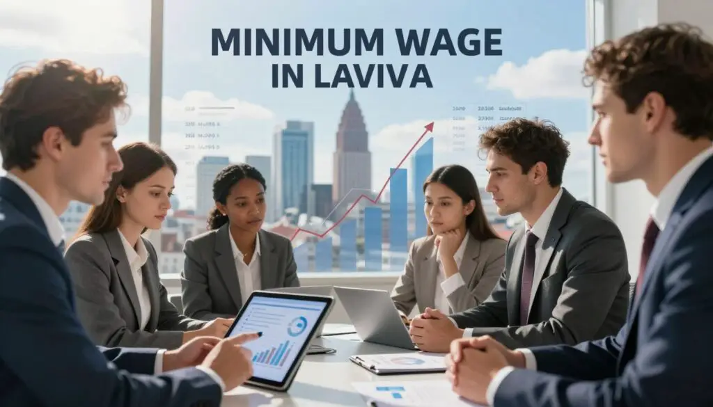 A thoughtful portrayal of the future of minimum wage in Latvia, 2026. In the foreground, a group of diverse professionals in business attire engage in a discussion, analyzing charts and graphs on a digital tablet. In the middle, a transparent overlay of economic statistics, such as salary trends, inflation rates, and cost of living adjustments, fills the scene. The background features a modern city skyline of Riga, symbolizing growth and development, under a bright blue sky with soft, diffused sunlight streaming down. The overall mood is optimistic yet contemplative, highlighting the challenges and perspectives of minimum wage in an evolving economy. The focus is sharp, giving a sense of depth to the visual narrative.