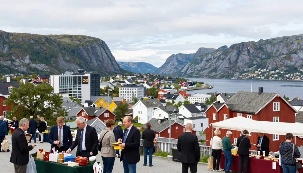 A vibrant depiction of Norway's cost of living, showcasing a typical Norwegian cityscape. In the foreground, display a bustling market scene featuring people in professional business attire and modest casual clothing, engaged in daily activities such as shopping and socializing. In the middle, include a blend of modern architecture and traditional wooden houses, highlighting the contrast between contemporary and historic elements. In the background, serene mountains and fjords under a soft, overcast sky create a tranquil atmosphere. Use natural lighting to enhance the realism of the scene, with a slightly elevated angle to capture the dynamic activity below. The overall mood should reflect a sense of community and the balancing act of modern life amid stunning natural landscapes.