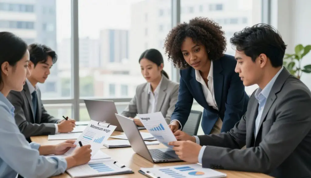 A vibrant office environment showcasing the impact of minimum wage changes on businesses and workers. In the foreground, a diverse group of professionals in business attire, including a Black female manager discussing with a Hispanic male employee, both examining financial reports on a laptop. In the middle, various workers engaged in discussions, clippings of wage charts and economic graphs scattered on the table. The background features a bright cityscape through large windows, symbolizing economic growth and change. Soft, natural lighting filters in, creating a productive and optimistic atmosphere. The angle focuses on the table, emphasizing collaboration and the importance of dialogue between management and employees. A vibrant office environment showcasing the impact of minimum wage changes on businesses and workers. In the foreground, a diverse group of professionals in business attire, including a Black female manager discussing with a Hispanic male employee, both examining financial reports on a laptop. In the middle, various workers engaged in discussions, clippings of wage charts and economic graphs scattered on the table. The background features a bright cityscape through large windows, symbolizing economic growth and change. Soft, natural lighting filters in, creating a productive and optimistic atmosphere. The angle focuses on the table, emphasizing collaboration and the importance of dialogue between management and employees.